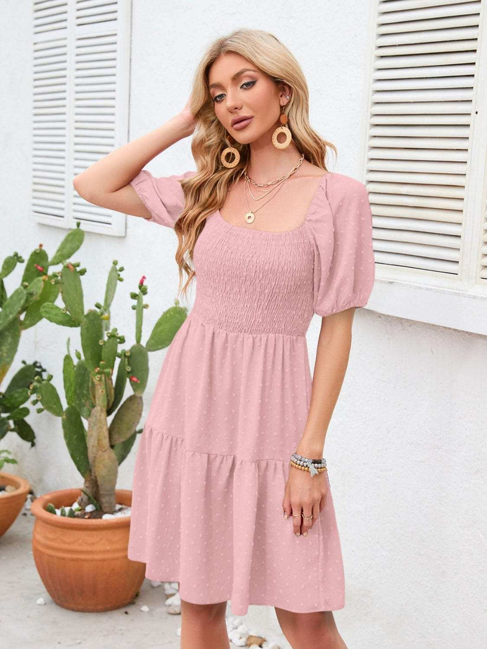 Swiss Dot Smocked Square Neck Dress - Trendsi - Flyclothing LLC