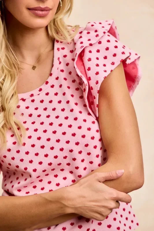 BiBi Heart Patterned Knit Ruffled Sleeves Top - Trendsi - Flyclothing LLC