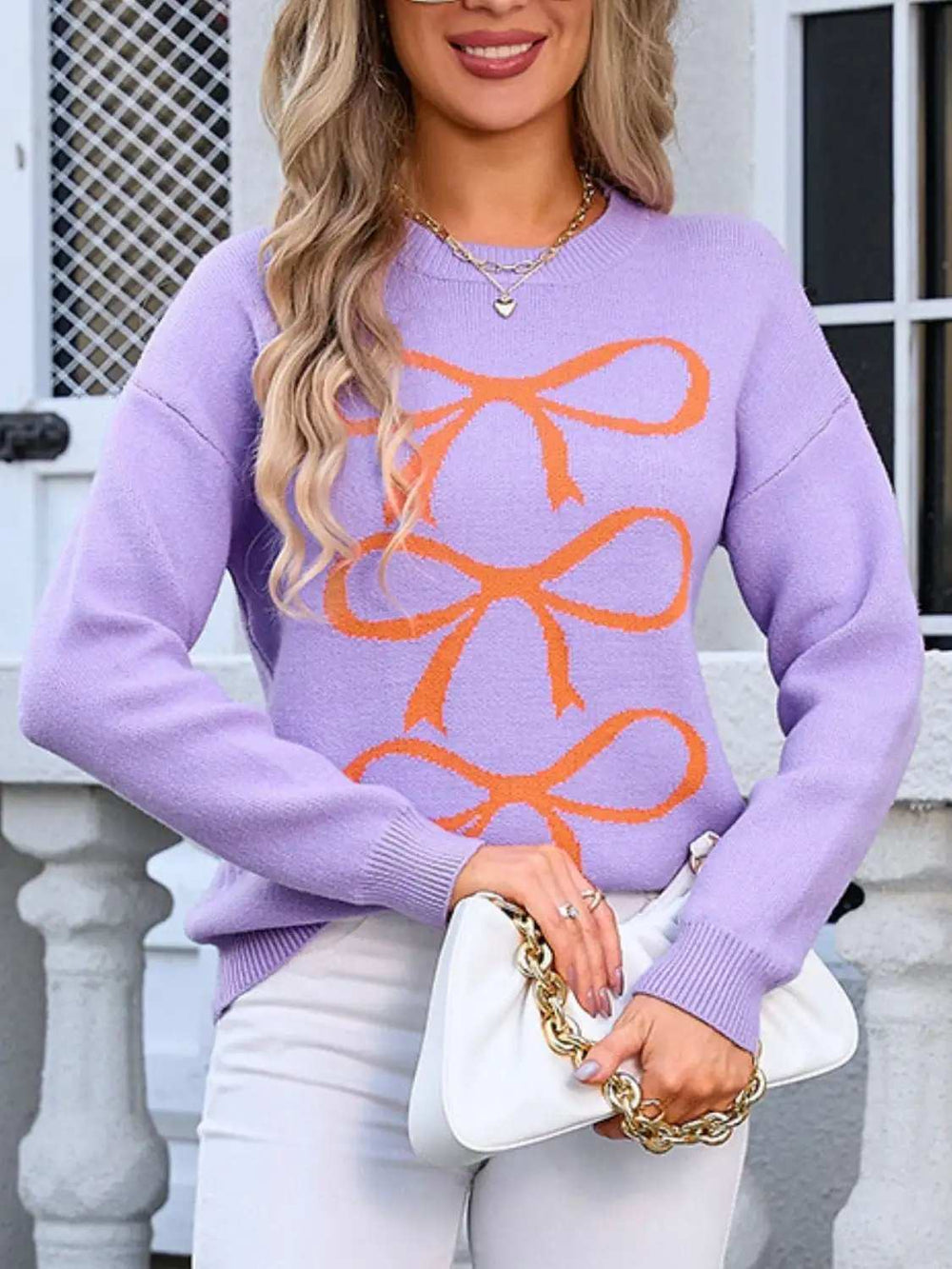 Bow Graphic Round Neck Long Sleeve Sweater - Trendsi - Flyclothing LLC