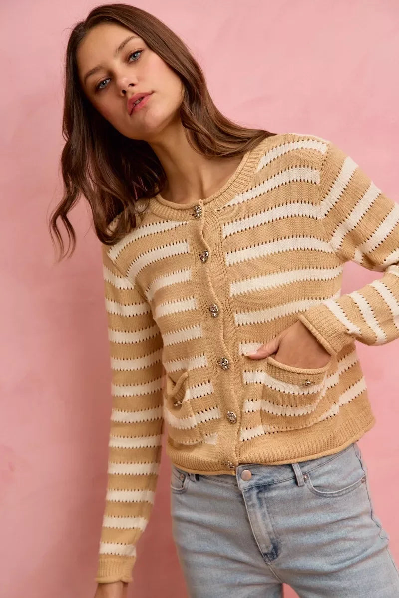 SO ME Stripe Long Sleeves Button Sweater Cardigan - Trendsi - Flyclothing LLC