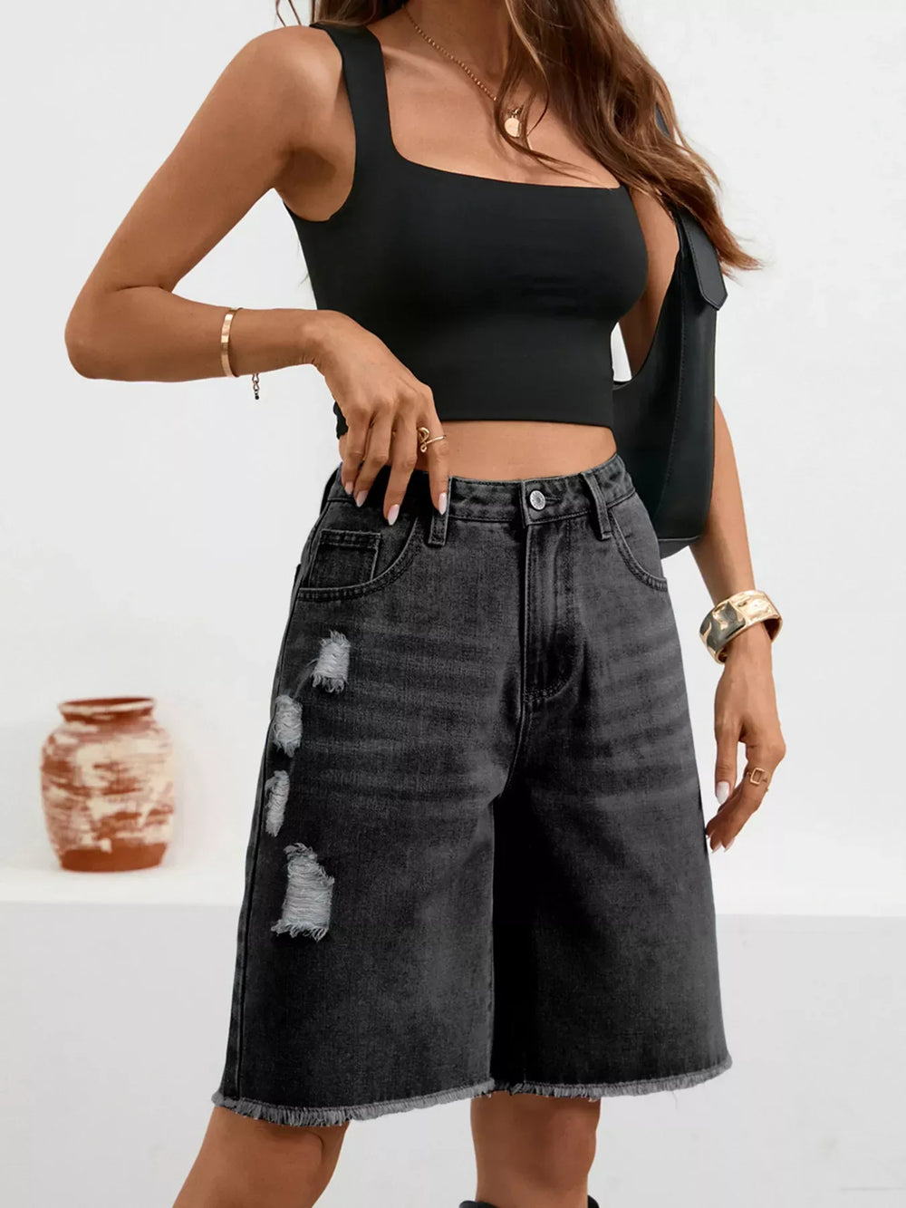 Ripped Frayed Hem Denim Shorts - Trendsi - Flyclothing LLC