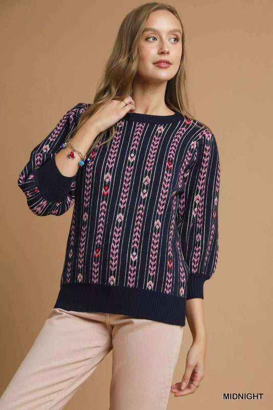 Umgee Jacquard Knit Puff Sleeve Sweater - Trendsi - Flyclothing LLC