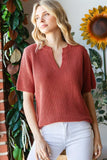 First Love Notched Short Sleeve Knit Top - Trendsi - Flyclothing LLC