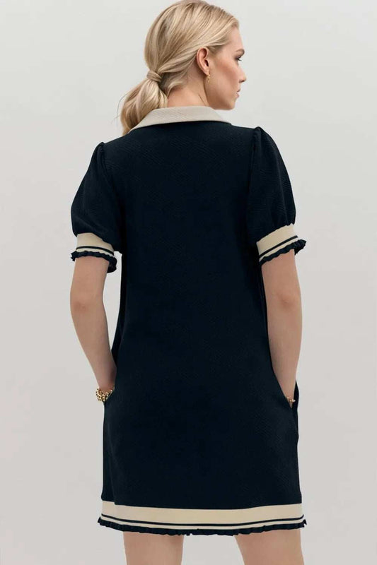 Oh Frill Contrast Trim Johnny Collar Short Sleeve Mini Dress - Trendsi - Flyclothing LLC