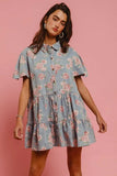 BiBi Floral Print Washed Lightweight Tiered Shirt Dress - Trendsi - Flyclothing LLC