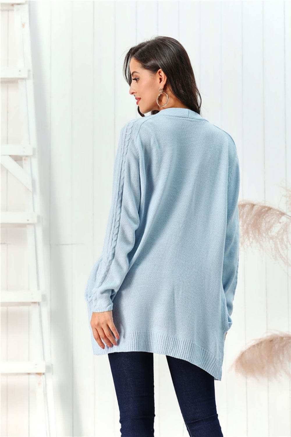 Cable-Knit Open Front Long Sleeve Cardigan - Trendsi - Flyclothing LLC