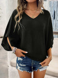 V-Neck Batwing Sleeve Knit Top - Trendsi - Flyclothing LLC