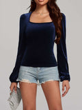 Square Neck Long Sleeve Velvet Top - Trendsi - Flyclothing LLC