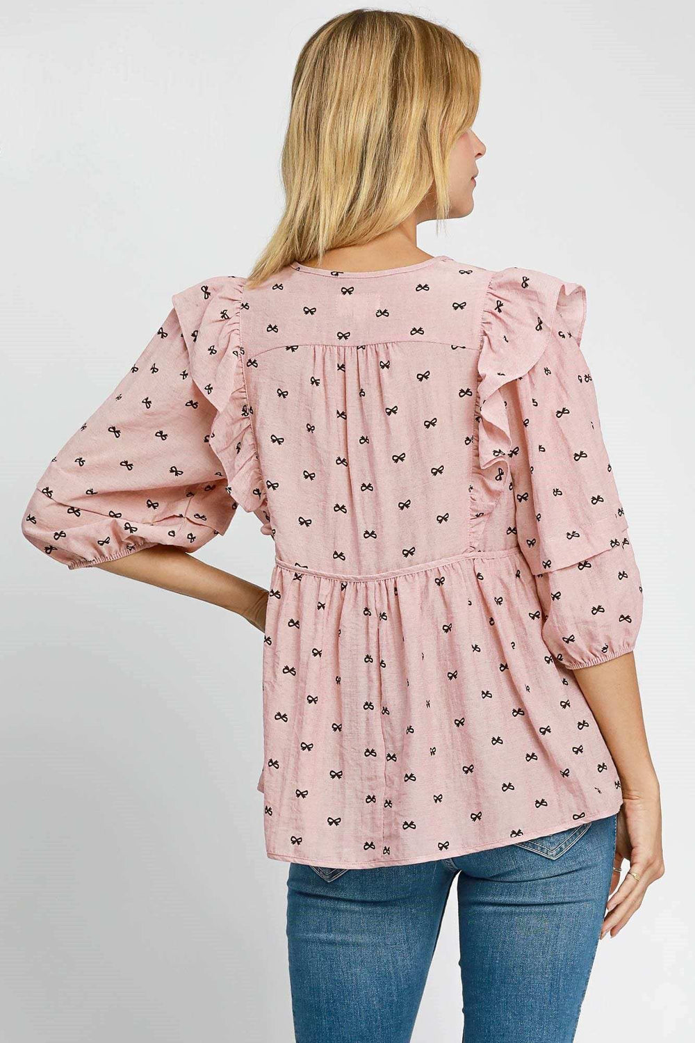 Umgee Full Size Ruffled Bow Print Tie Neck Peplum Blouse Plus Size - Trendsi - Flyclothing LLC