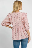 Umgee Full Size Ruffled Bow Print Tie Neck Peplum Blouse Plus Size - Trendsi - Flyclothing LLC