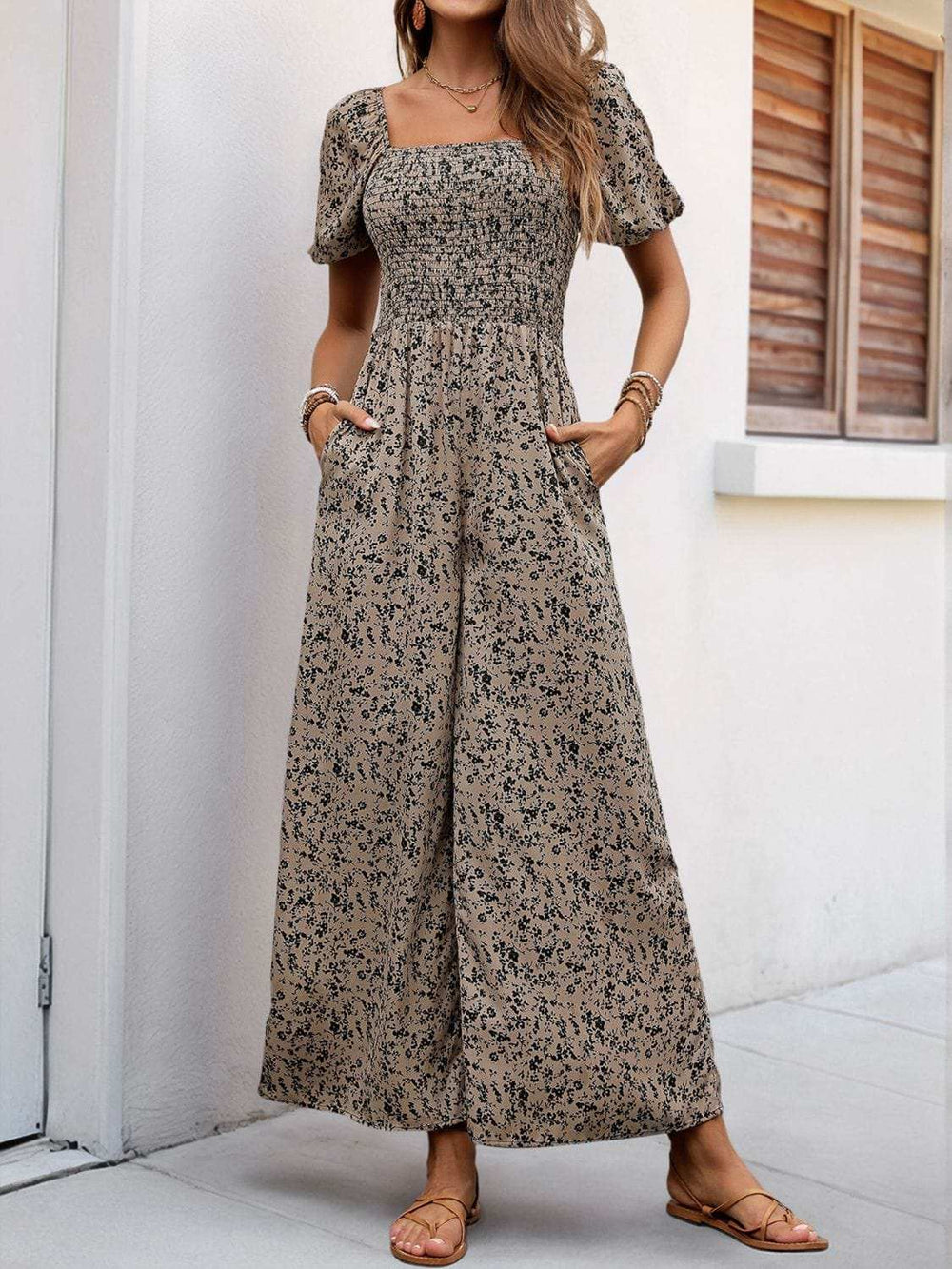 Perfee Smocked Printed Square Neck Puff Sleeve Jumpsuit - Trendsi - Flyclothing LLC