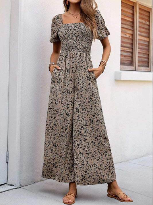 Perfee Smocked Printed Square Neck Puff Sleeve Jumpsuit - Trendsi - Flyclothing LLC