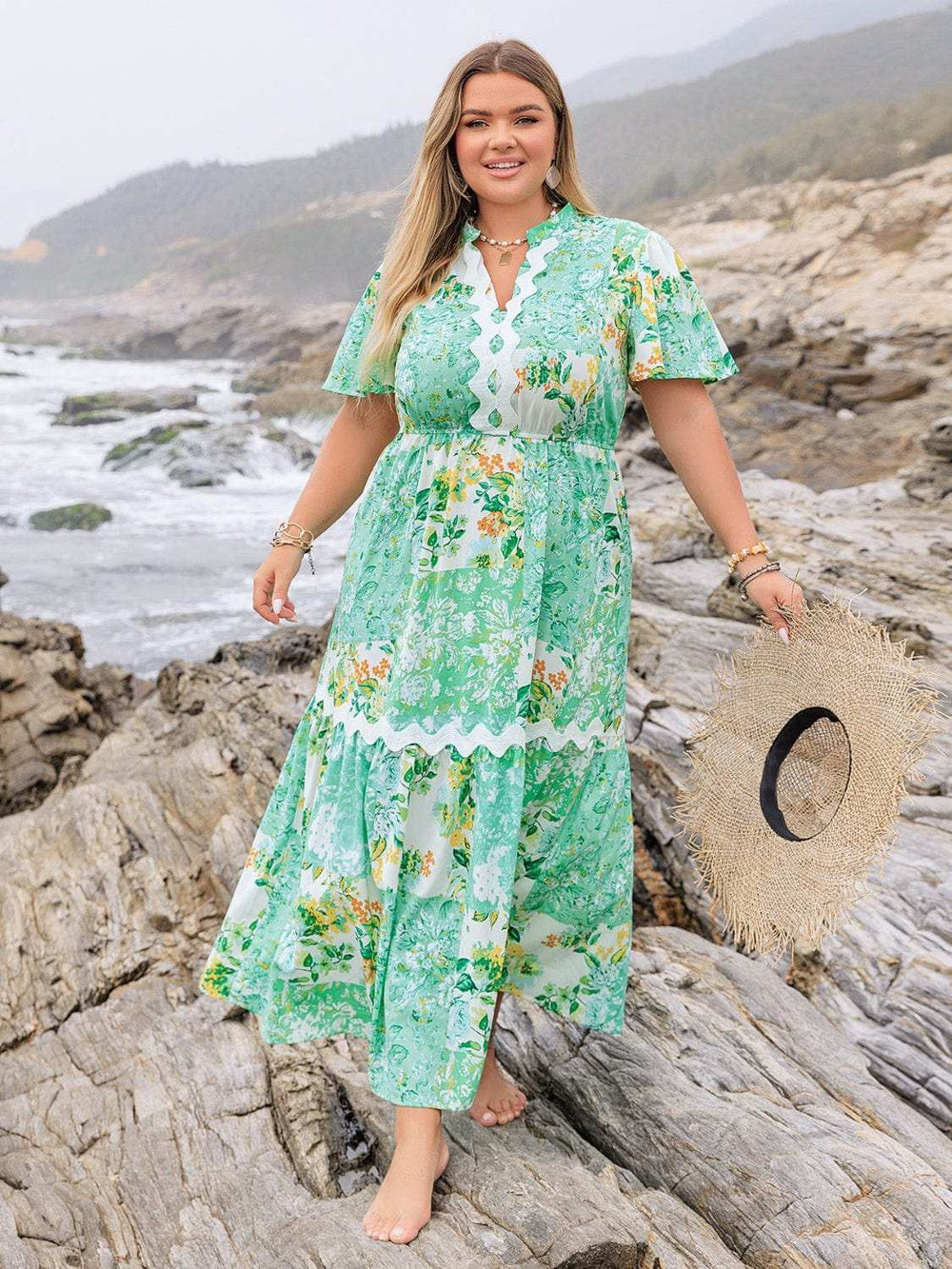 Plus Size Printed Notched Short Sleeve Maxi Dress - Trendsi - Flyclothing LLC