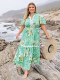 Plus Size Printed Notched Short Sleeve Maxi Dress - Trendsi - Flyclothing LLC