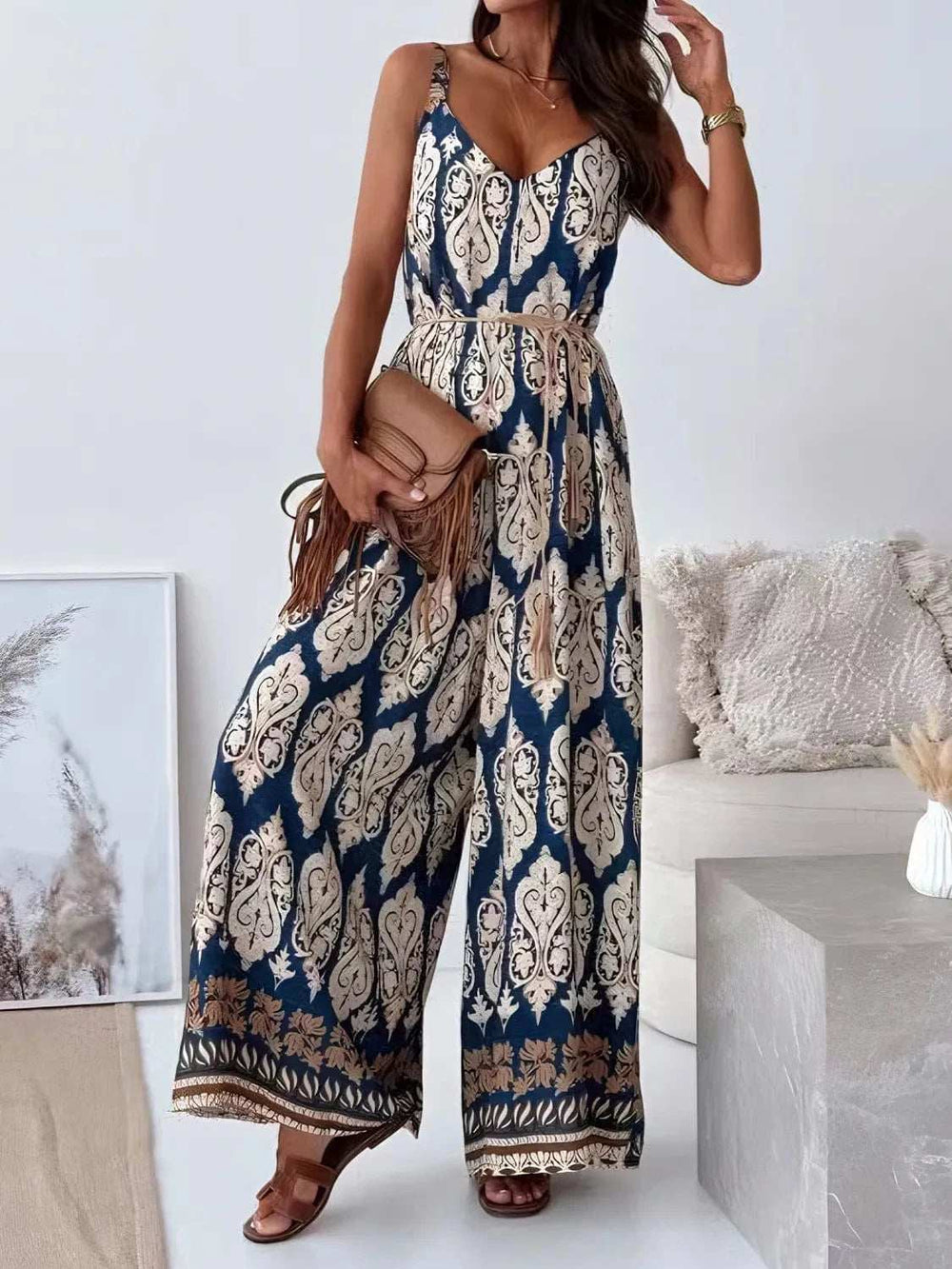 Printed V-Neck Wide Leg Jumpsuit - Trendsi - Flyclothing LLC