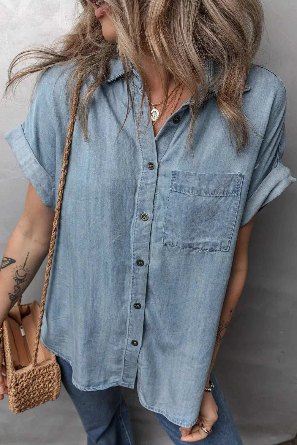 Folded Short Sleeve Patched Pocket Denim Shirt - Trendsi - Flyclothing LLC