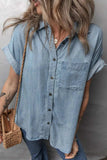 Folded Short Sleeve Patched Pocket Denim Shirt - Trendsi - Flyclothing LLC