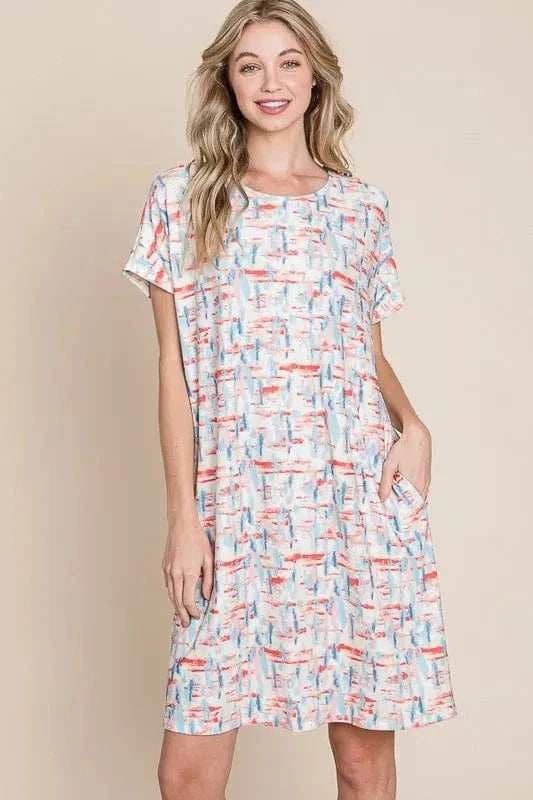 BOMBOM Printed Round Neck Short Sleeve Tee Dress - Trendsi - Flyclothing LLC