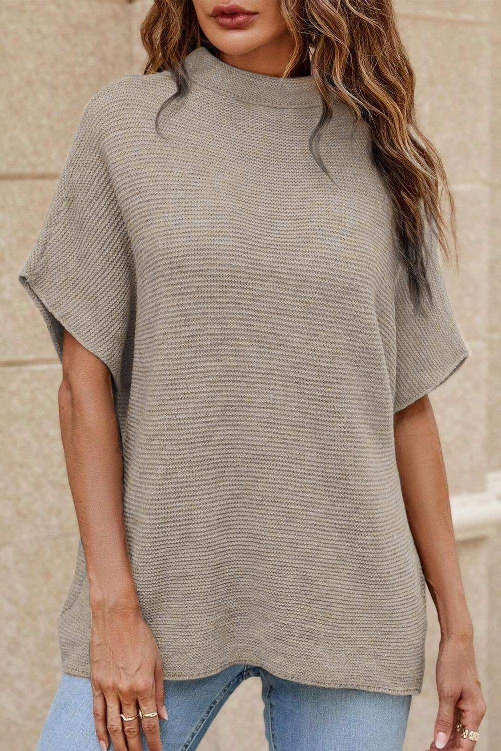 Mock Neck Short Sleeve Sweater - Trendsi - Flyclothing LLC