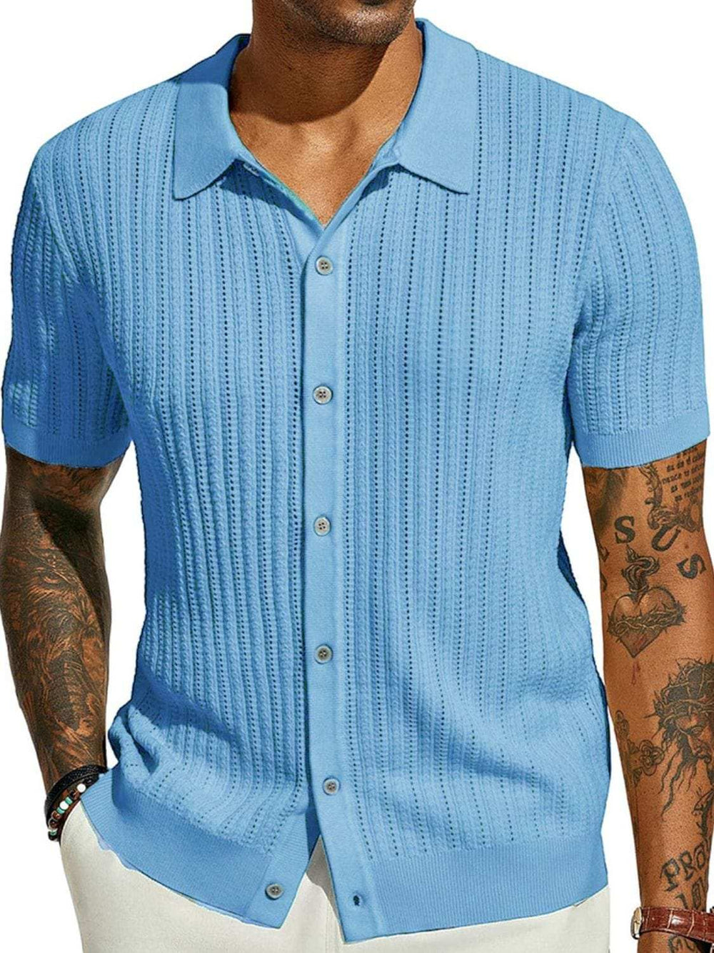 Men's Full Size Openwork Button Down Collared Neck Shirt Plus Size - Trendsi - Flyclothing LLC