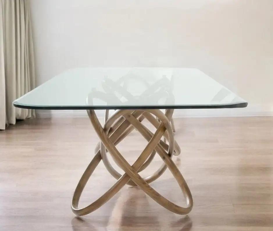94" Clear And Natural Glass And Solid Wood Pedestal Base Dining Table - Homeroots - Flyclothing LLC
