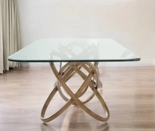 94" Clear And Natural Glass And Solid Wood Pedestal Base Dining Table - Homeroots