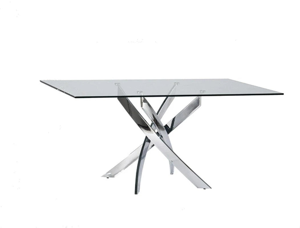 63" Clear And Silver Glass And Stainless Steel Pedestal Base Dining Table - Homeroots - Flyclothing LLC