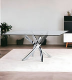 63" Clear And Silver Glass And Stainless Steel Pedestal Base Dining Table - Homeroots - Flyclothing LLC