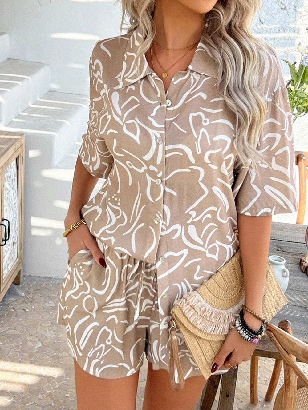 Devine Printed Collared Neck Half Sleeve Top and Shorts Set - Trendsi - Flyclothing LLC