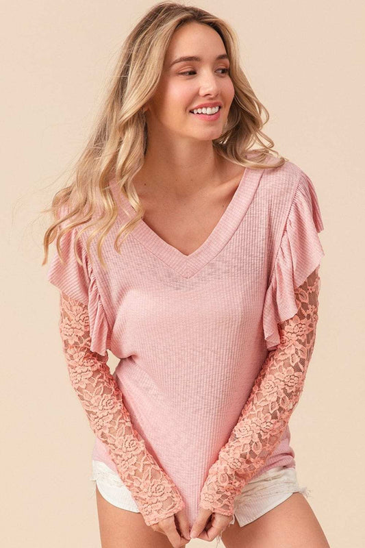 BiBi Ruffled Lace Sleeve Rib Knit Top - Trendsi - Flyclothing LLC