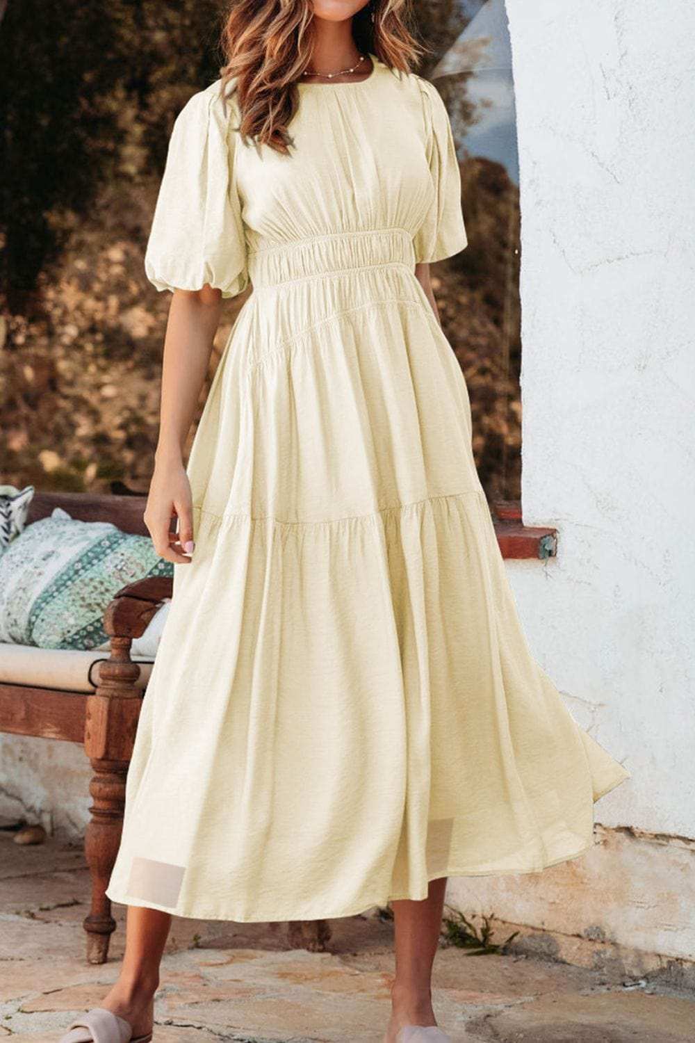 Puff Sleeve Pleated High Waist Flowy Midi Dress - Trendsi - Flyclothing LLC