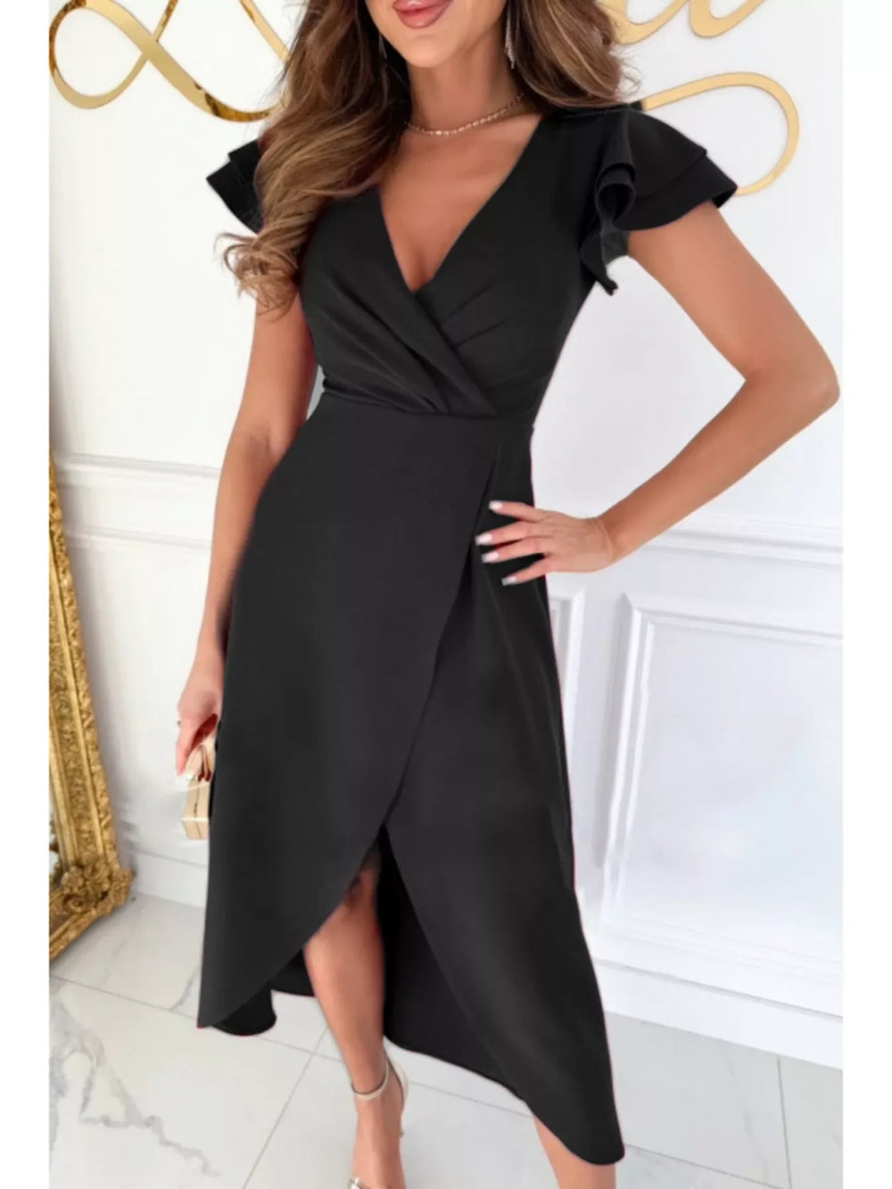Ruffle Sleeve Wrap Midi Dress - Trendsi - Flyclothing LLC