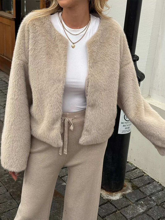 Open Front Dropped Shoulder Fuzzy Outerwear - Trendsi - Flyclothing LLC