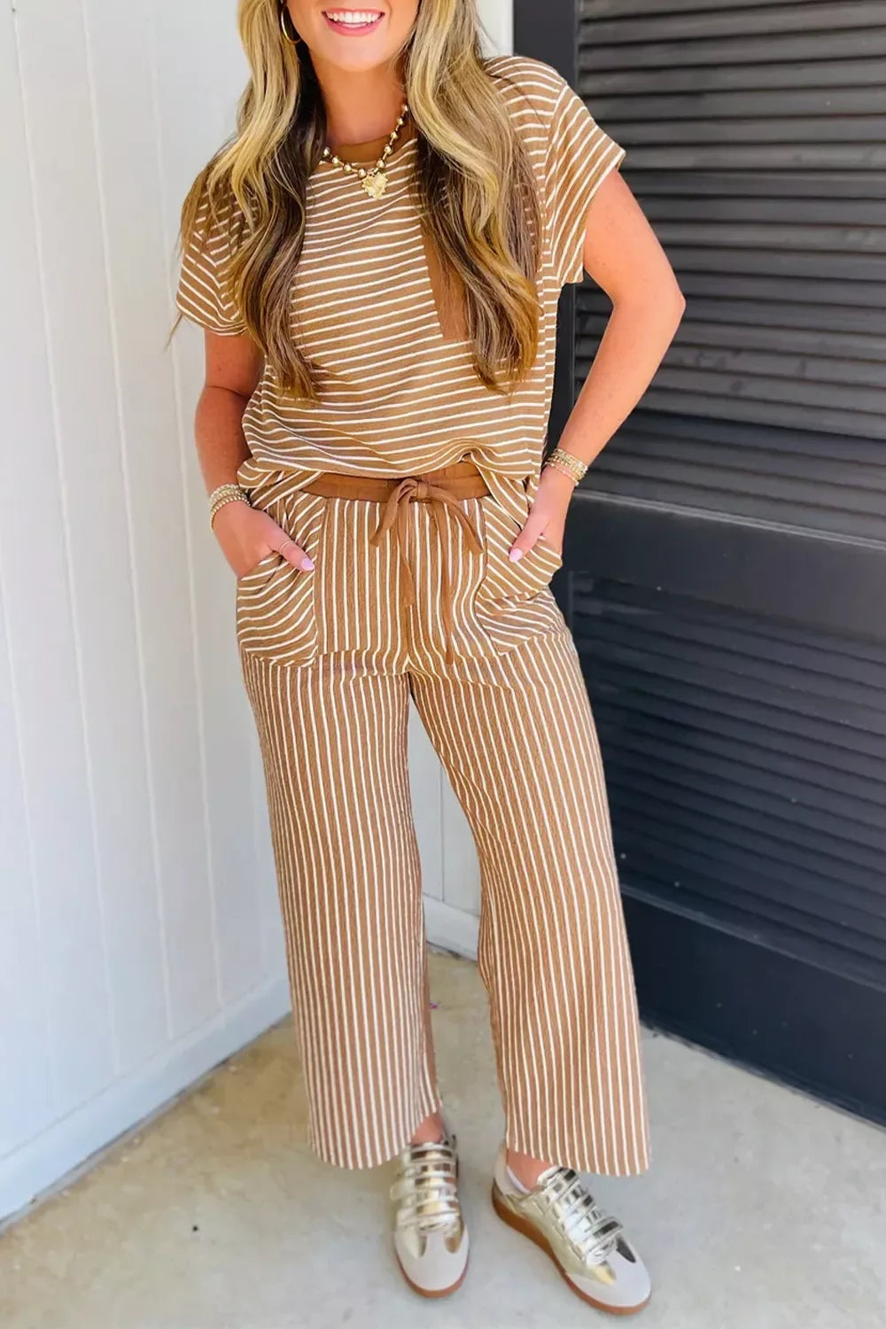 Striped Casual Short Sleeve Top and Pants Two-Piece Set - Trendsi - Flyclothing LLC