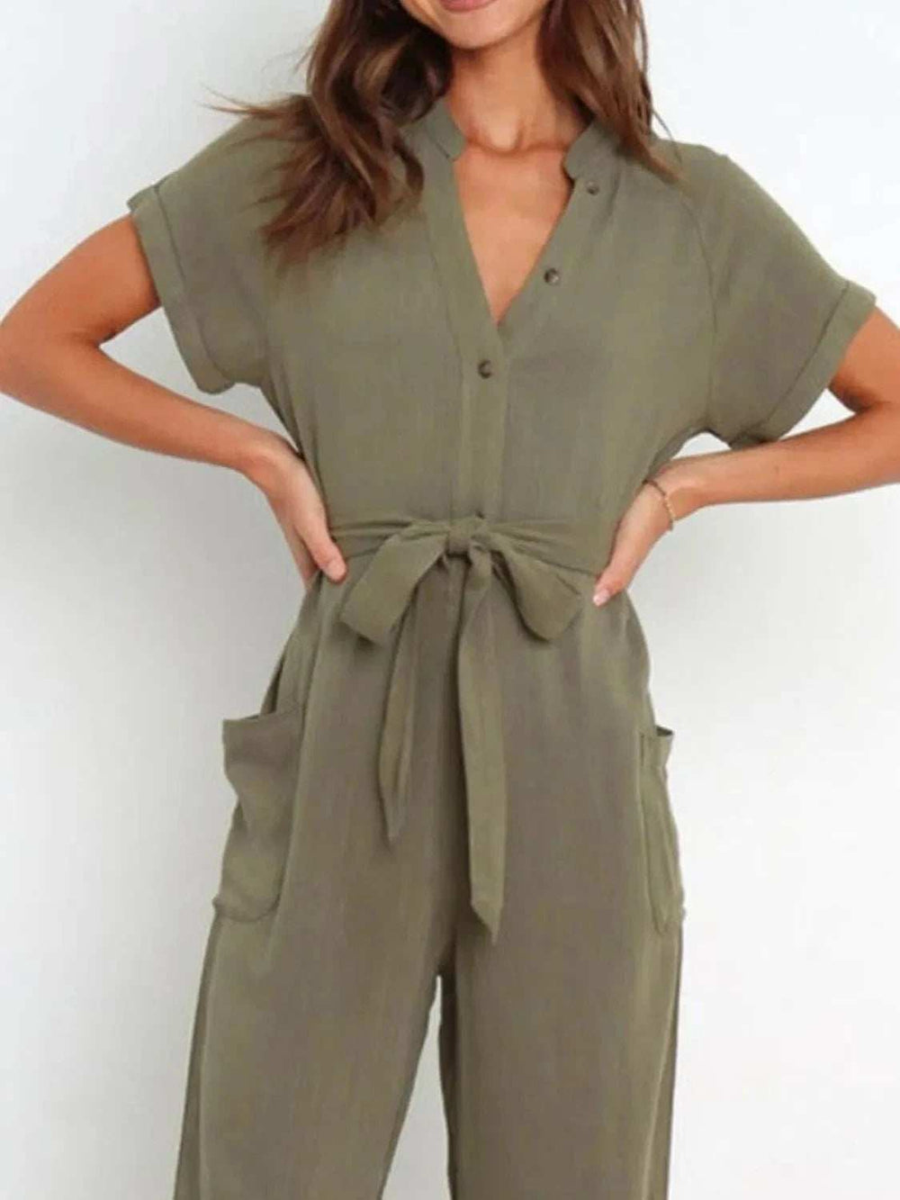 Notched Short Sleeve Tie Waist Jumpsuit - Trendsi - Flyclothing LLC