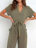 Notched Short Sleeve Tie Waist Jumpsuit - Trendsi - Flyclothing LLC
