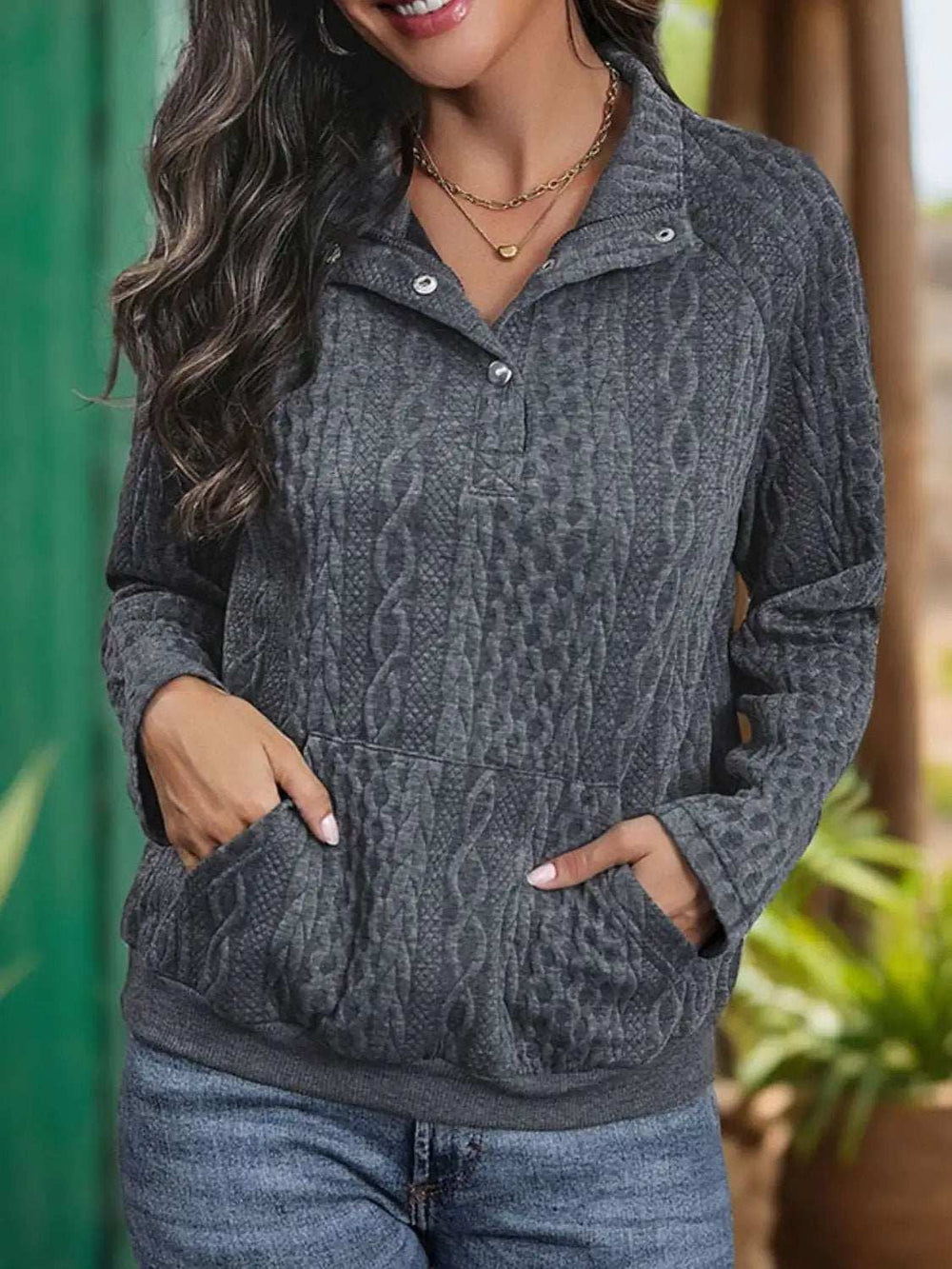 Textured Quarter Snap Long Sleeve Sweatshirt - Trendsi - Flyclothing LLC