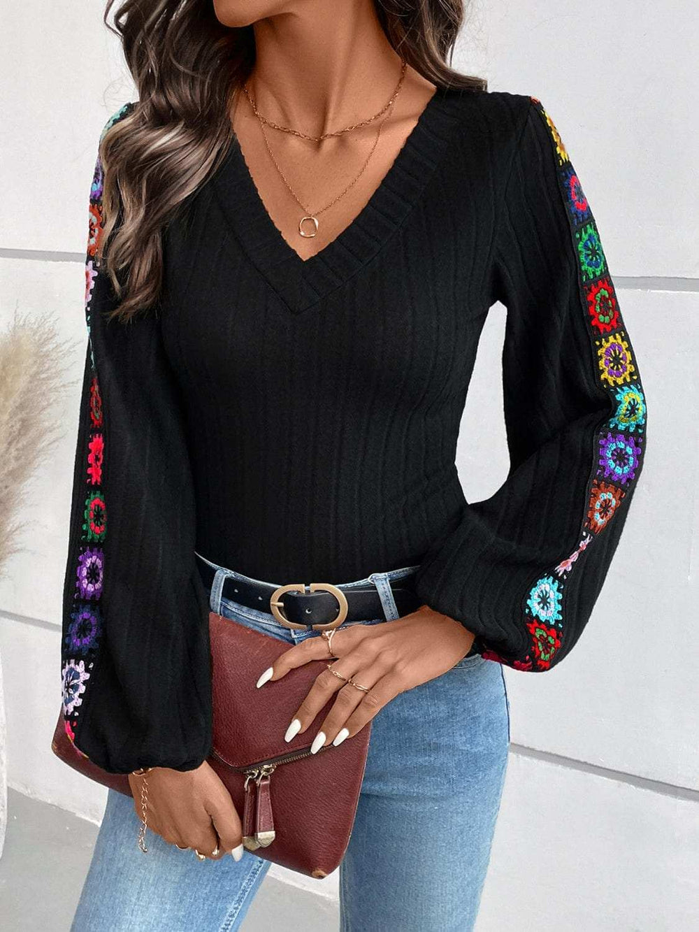 V-Neck Crochet Long Sleeve Top - Trendsi - Flyclothing LLC