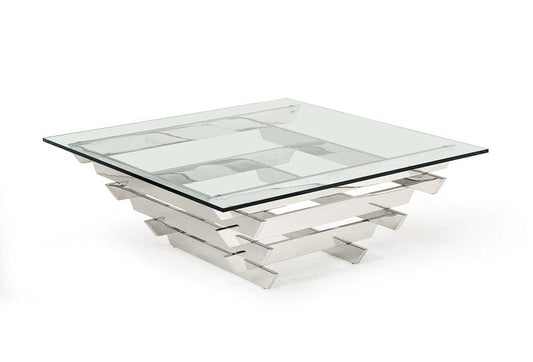 39" Clear And Silver Glass And Stainless Steel Square Coffee Table With Shelf - Homeroots