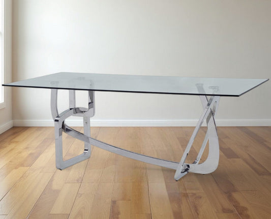 79" Clear And Silver Glass And Stainless Steel Trestle Base Dining Table - Homeroots