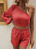 One Shoulder Long Sleeve Top and Shorts Set - Trendsi - Flyclothing LLC