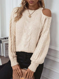 Cable Knit Round Neck Cold Shoulder Sweater - Trendsi - Flyclothing LLC