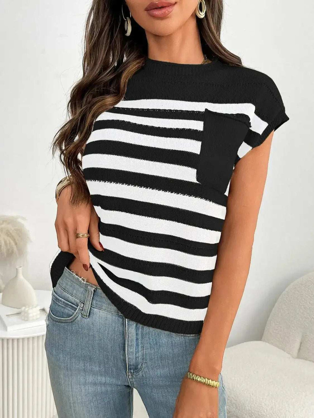 Striped Mock Neck Cap Sleeve Knit Top - Trendsi - Flyclothing LLC