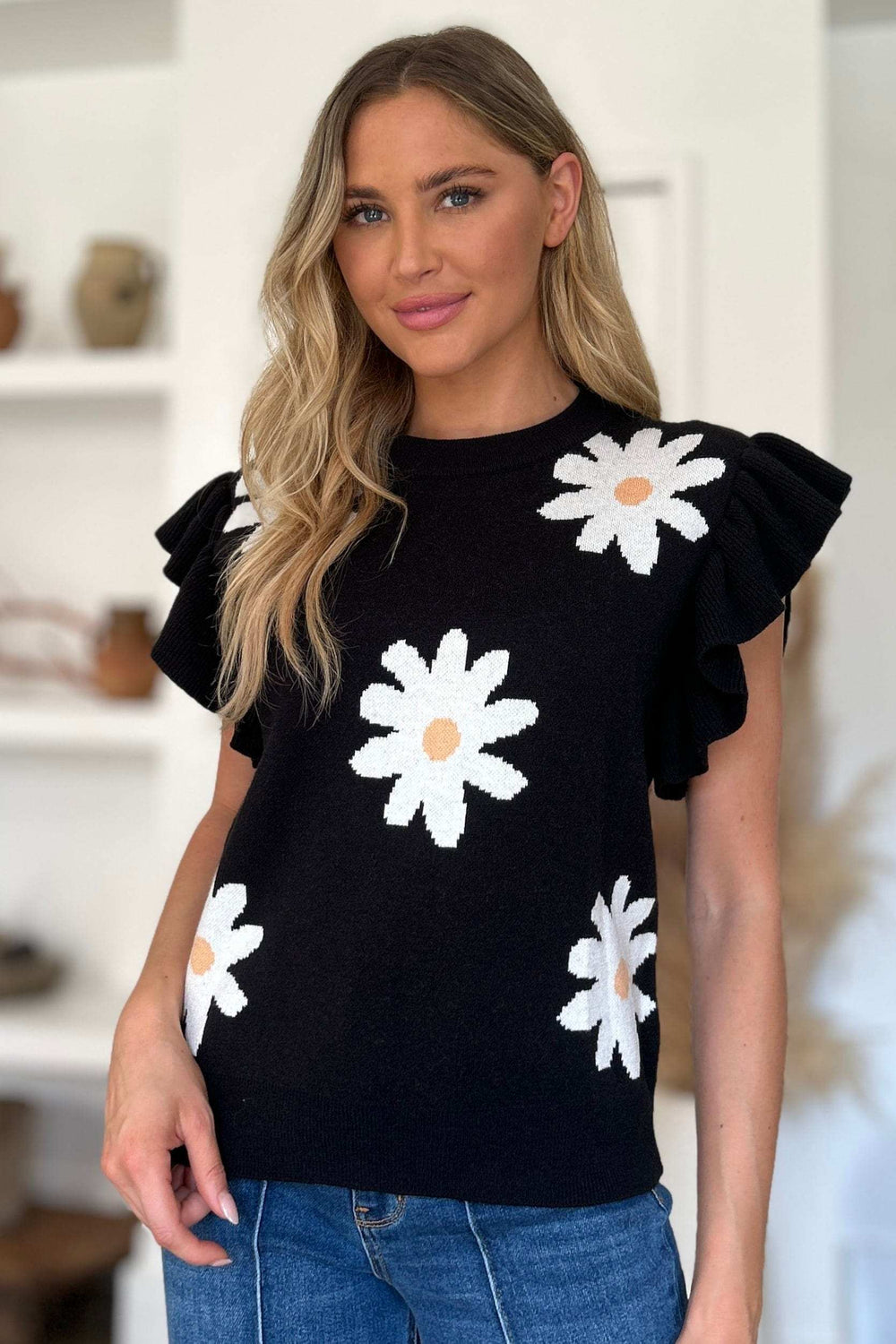 Double Take Full Size Ruffled Flower Round Neck Cap Sleeve Sweater - Trendsi - Flyclothing LLC