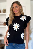 Double Take Full Size Ruffled Flower Round Neck Cap Sleeve Sweater - Trendsi - Flyclothing LLC