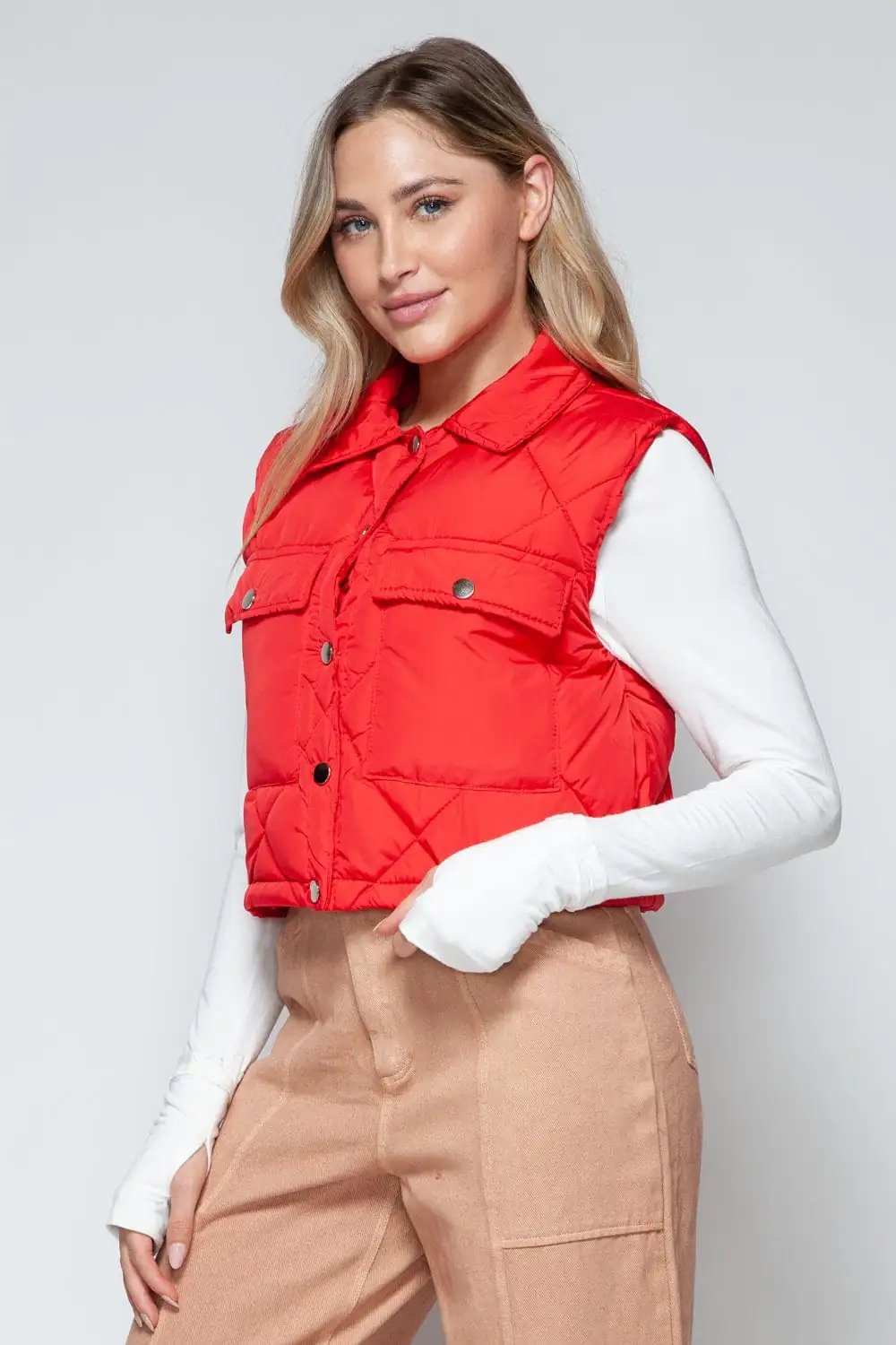 Snobbish Snap Down Quilted Crop Vest - Trendsi - Flyclothing LLC