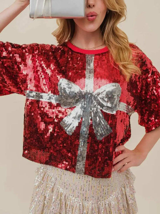Sequin Bow Graphic Round Neck Half Sleeve T-Shirt - Trendsi - Flyclothing LLC