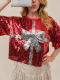 Sequin Bow Graphic Round Neck Half Sleeve T-Shirt - Trendsi - Flyclothing LLC
