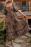 Leopard Square Neck Puff Sleeve Maxi Dress - Trendsi - Flyclothing LLC