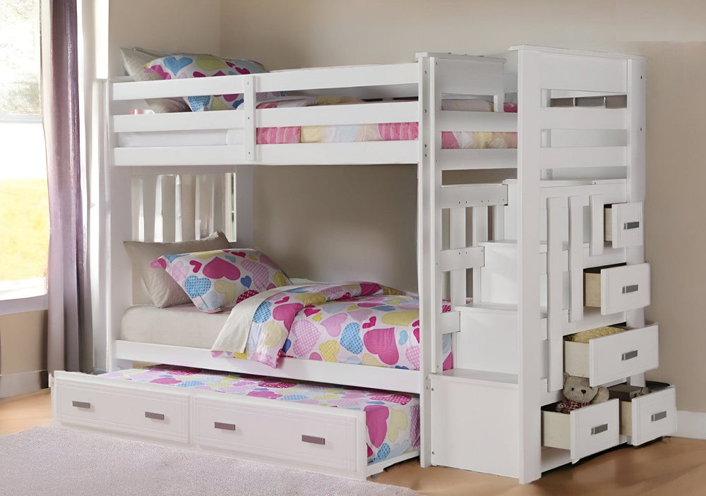 97" X 43" X 68" Twin Over Twin White Storage Ladder And Trundle Bunk Bed - Homeroots - Flyclothing LLC